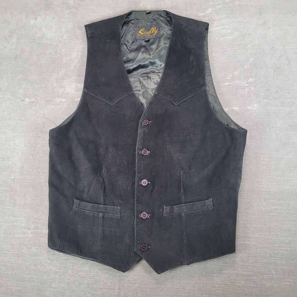 Scully Mens Black Suede Leather Western Vest Button Front Pointed Yoke Size 40